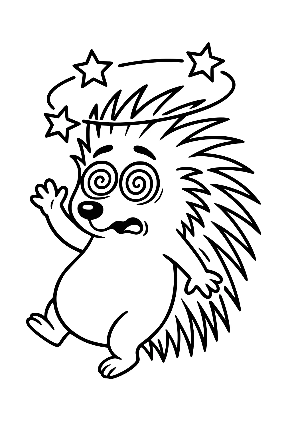 Cartoon porcupine with spiral eyes, surprised mouth, and stars circling above its spiky head.
