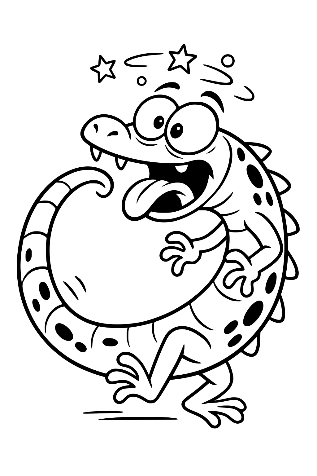 Spotted cartoon monster with big round belly, tongue out, dizzy stars above, small spikes and tail, wobbling on two legs.