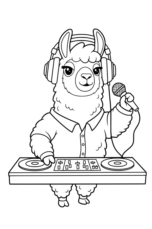 Free Llama Coloring Page - Funny DJ Llama With Headphones (Printable PDF)