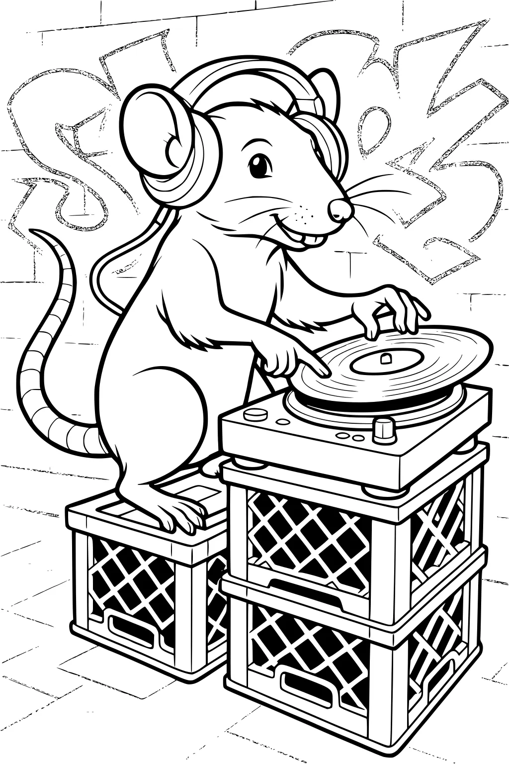 Rat wearing headphones using a turntable on crates, graffiti on wall in the background.