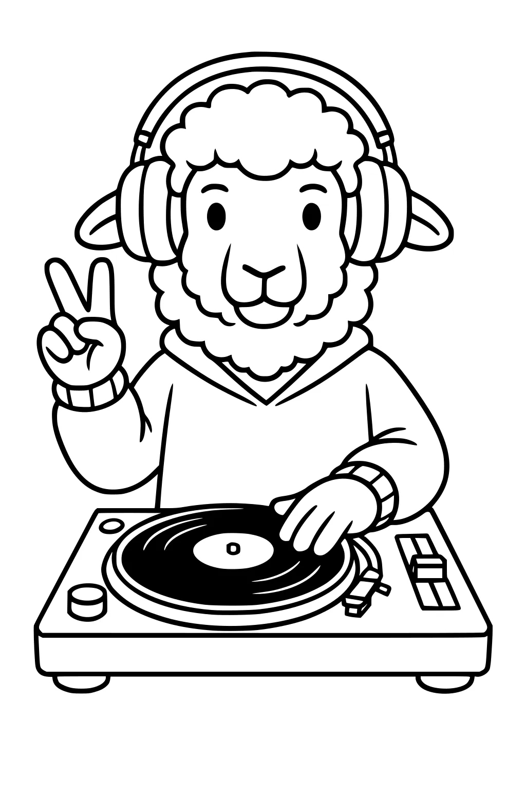 A sheep wears headphones and a hoodie, stands at a DJ turntable, and holds up a peace sign with one hoof.