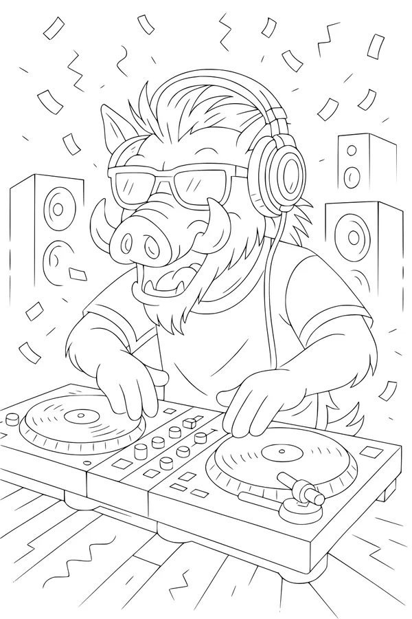 Free Warthog Coloring Page - Cool DJ With Headphones (Printable PDF)