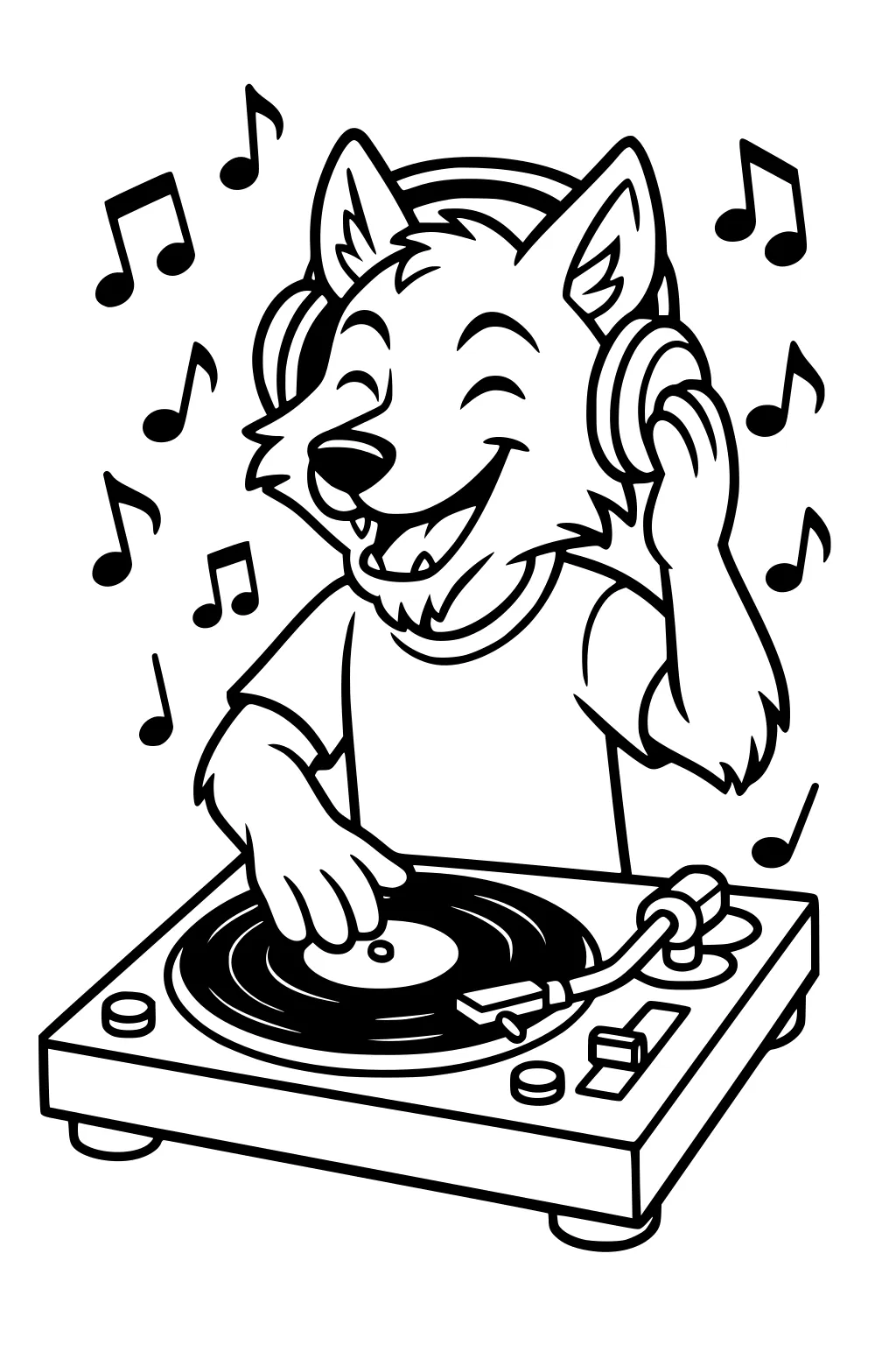 Smiling cartoon wolf DJ in headphones, one paw on a turntable record, other on his ear, music notes floating around.