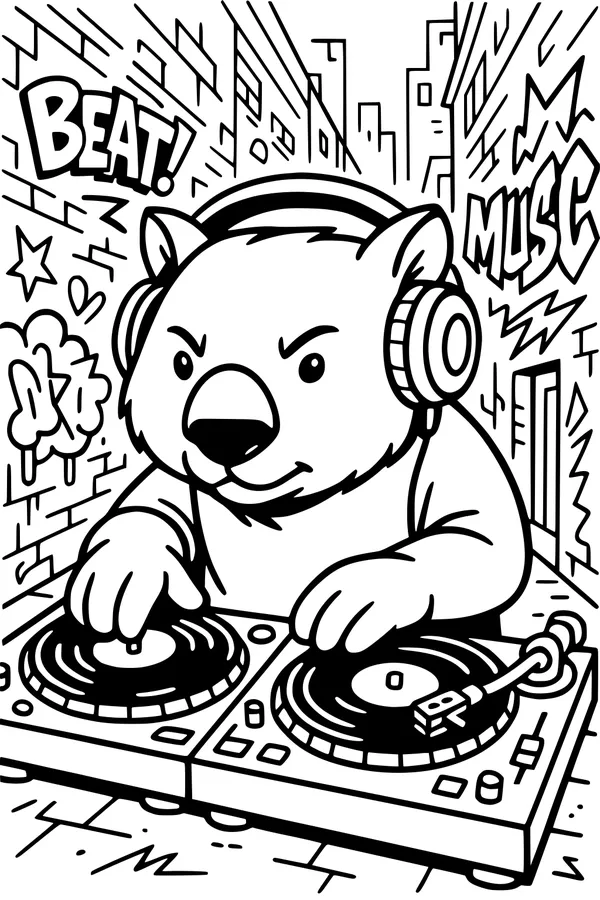 Free Wombat Coloring Page - DJ Wombat in Graffiti City Alley (Printable PDF)