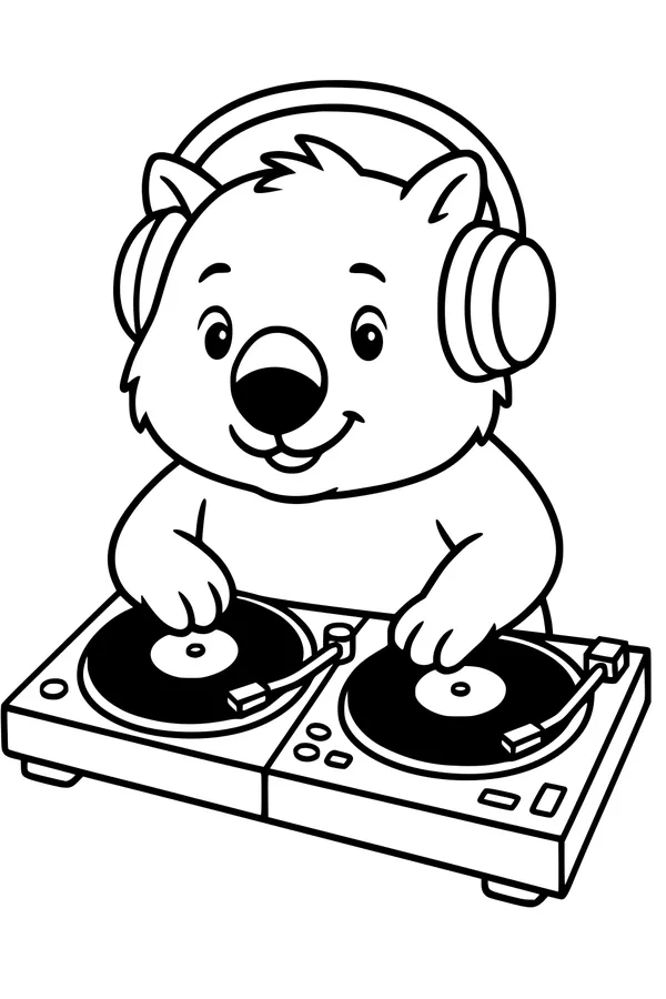 Free Wombat Coloring Page - Cartoon DJ With Headphones (Printable PDF)
