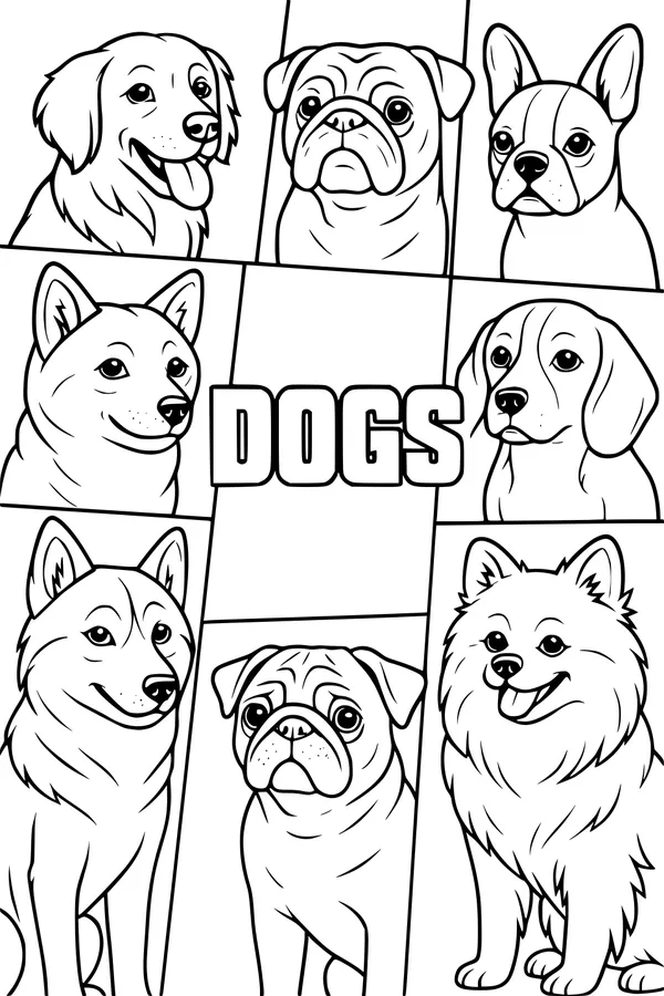 Free Dog Coloring Page - Funny Puppy Faces in Panels (Printable PDF)