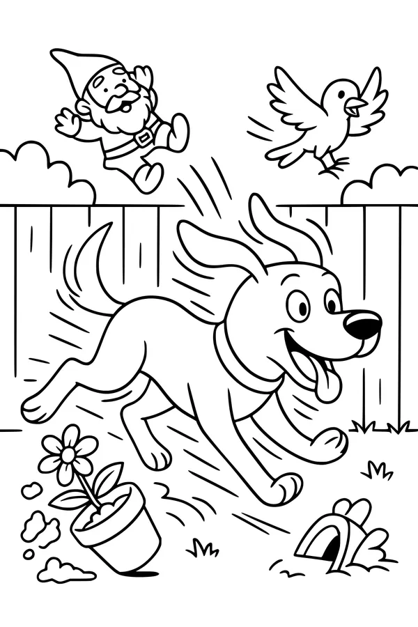 Free Dog Coloring Page - Playful Backyard Chase Scene (Printable PDF)