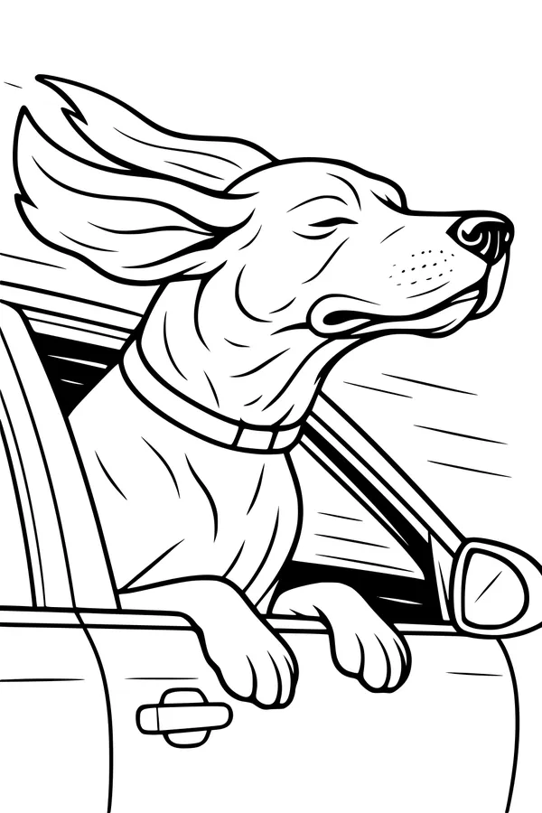 Free Dog Coloring Page - Happy Pup in Windy Car Ride (Printable PDF)