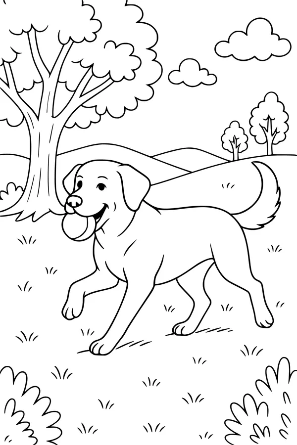 Free Dog Coloring Page - Happy Pup Running With Ball (Printable PDF)