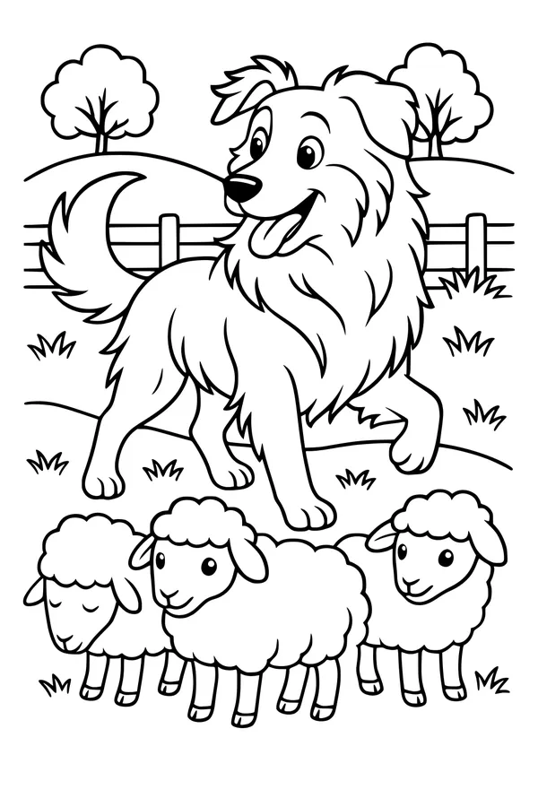 Free Dog Coloring Page - Fluffy Farm Dog Herding Sheep (Printable PDF)