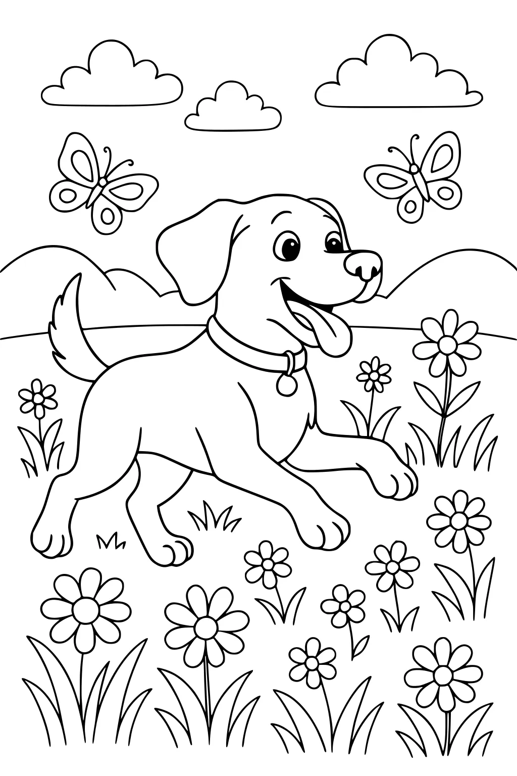 Playful dog runs among flowers with two butterflies nearby, clouds overhead, and hills in the background.