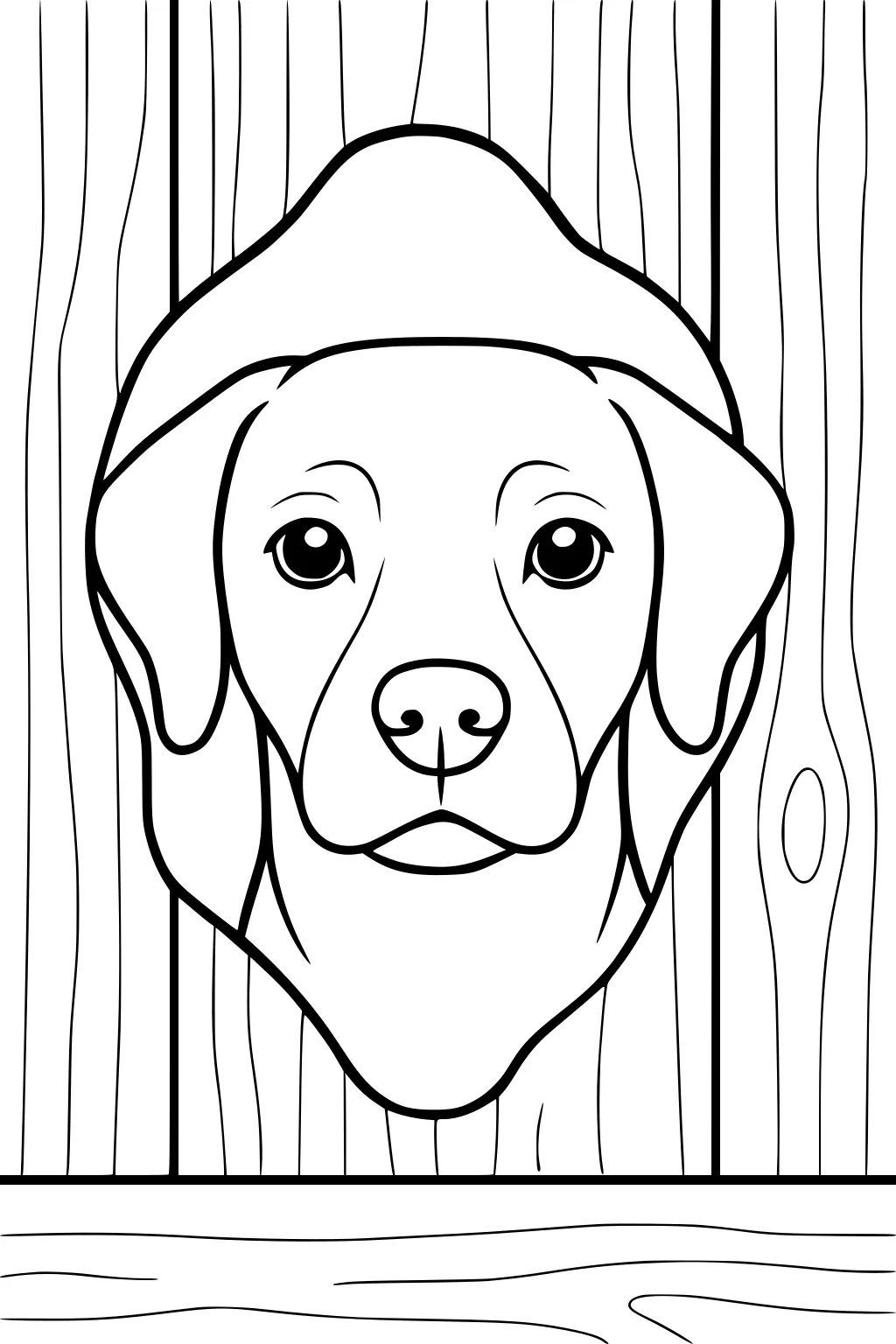 Dog looks through a square hole in a wooden fence, showing his whole face and floppy ears on wide planks.