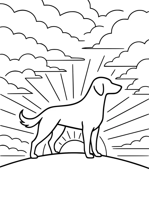 Free Dog Coloring Page - Loyal Pup on Sunrise Hill (Printable PDF)