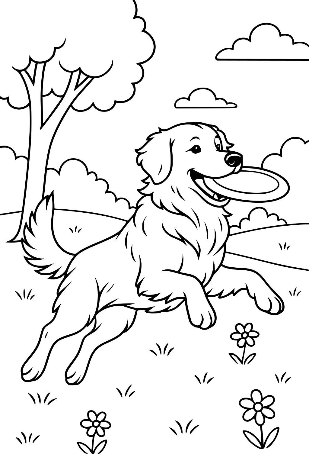 Fluffy dog running in a grassy field with a frisbee in its mouth, flowers, a tree, and clouds in the background.
