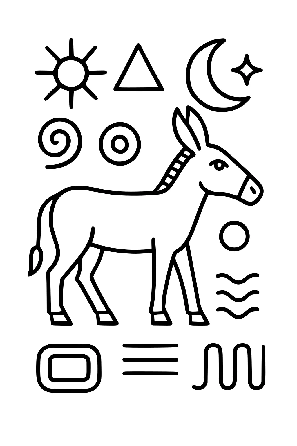 Donkey standing surrounded by sun, moon, star, triangle, swirls, circles, rectangle, and wavy lines in simple style.