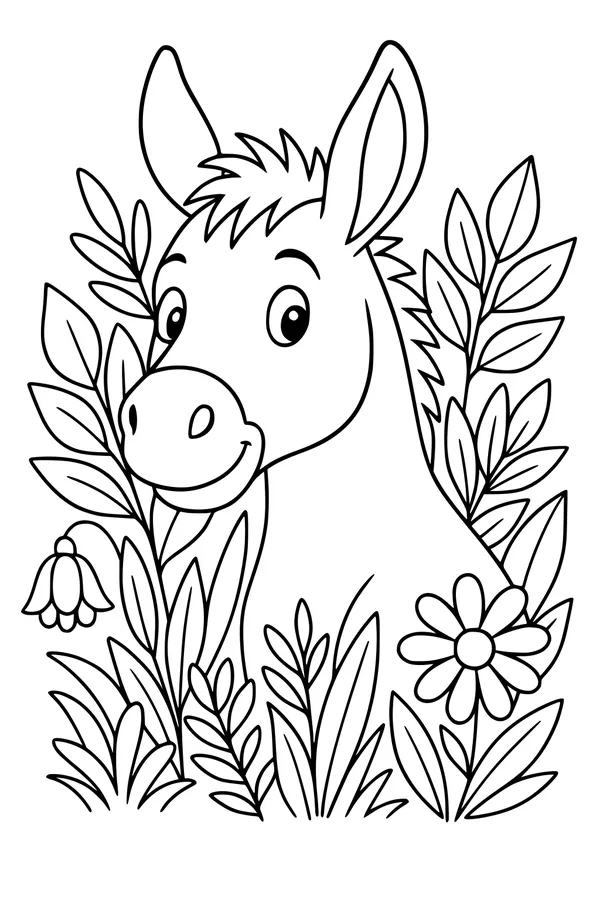 Free Donkey Coloring Page - Cute Donkey in Flower Garden (Printable PDF)