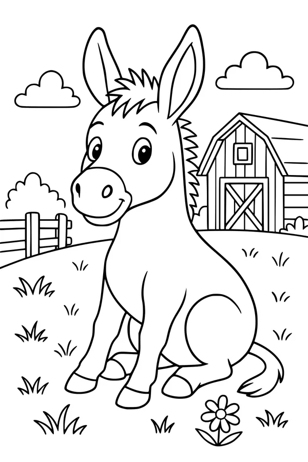 Free Donkey Coloring Page - Cute Donkey in Sunny Farm Field (Printable PDF)