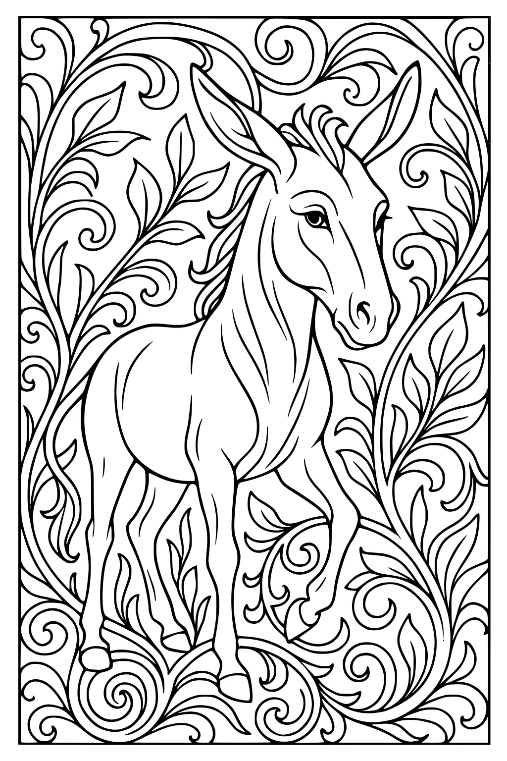Donkey standing among swirling leaves and vines inside a decorated border.