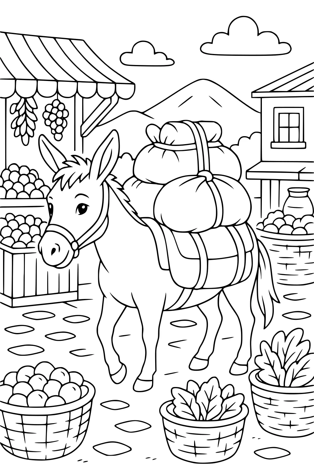 Donkey with sacks on its back walking through a market square with baskets of fruit and vegetables, stalls, and mountains.