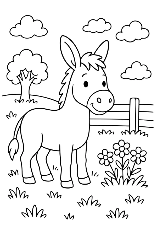 Free Donkey Coloring Page - Smiling Donkey in Sunny Meadow (Printable PDF)