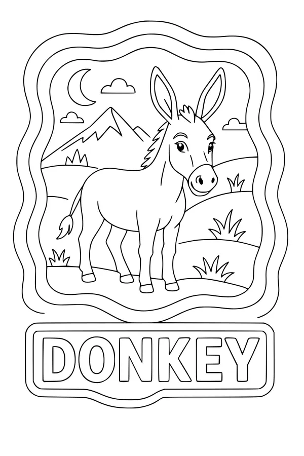 Free Donkey Coloring Page - Moonlit Mountain Scene (Printable PDF)