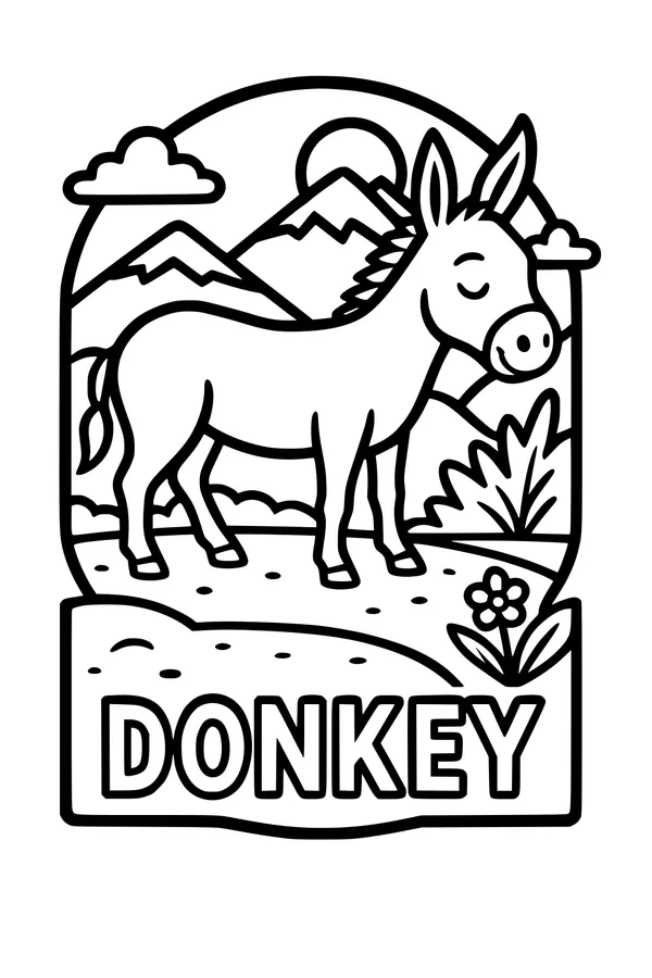 Free Donkey Coloring Page - Smiling Donkey on Mountain Trail (Printable PDF)