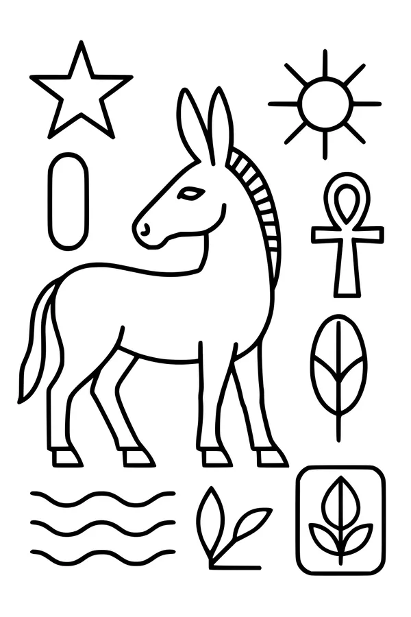 Free Donkey Coloring Page - Sunny Farm Symbols Scene (Printable PDF)