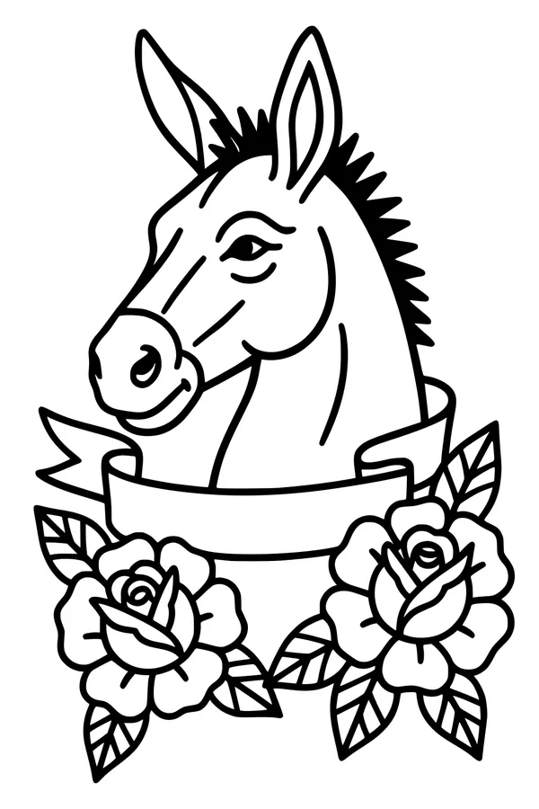 Free Donkey Coloring Page - Floral Ribbon Banner Portrait (Printable PDF)