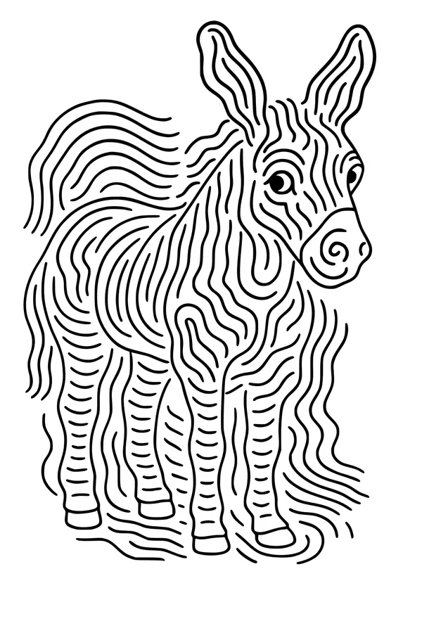 Free Donkey Coloring Page - Wavy Line Art in a Meadow (Printable PDF)
