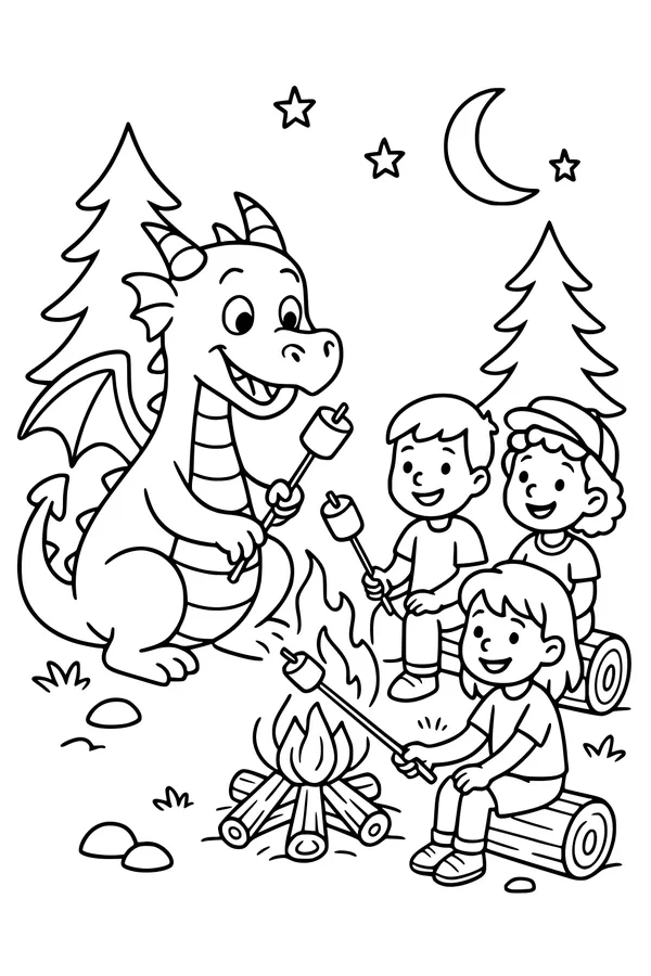 Free Dragon Coloring Page - Friendly Campfire Marshmallow Night (Printable PDF)