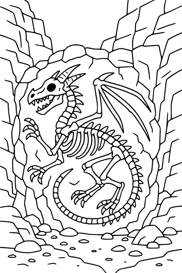 Free Dragon Skeleton Coloring Page - Bones in a Rocky Cave (Printable PDF)
