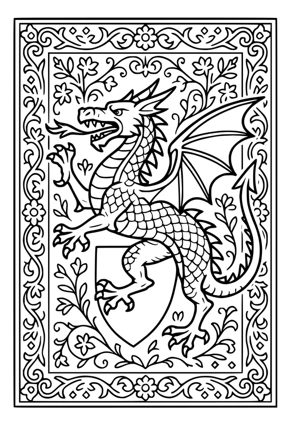 Free Dragon Coloring Page - Heraldic Crest With Shield And Floral Vines (Printable PDF)