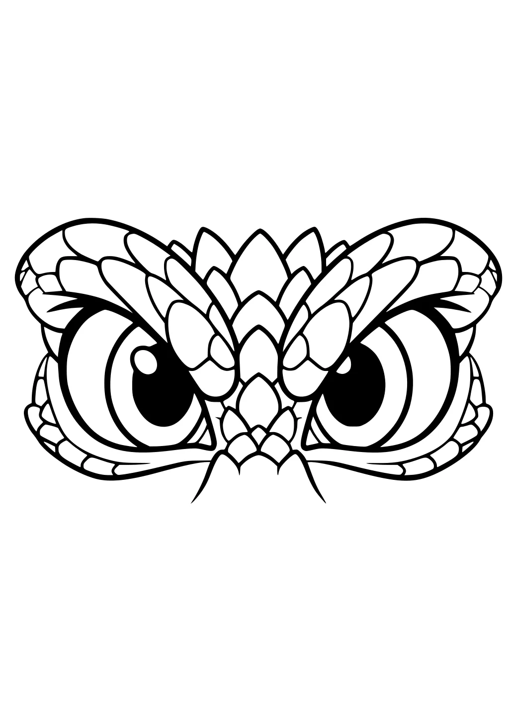 Close-up dragon face with huge round eyes and layered scales over the brows, bold black outlines, and lots of open background space.