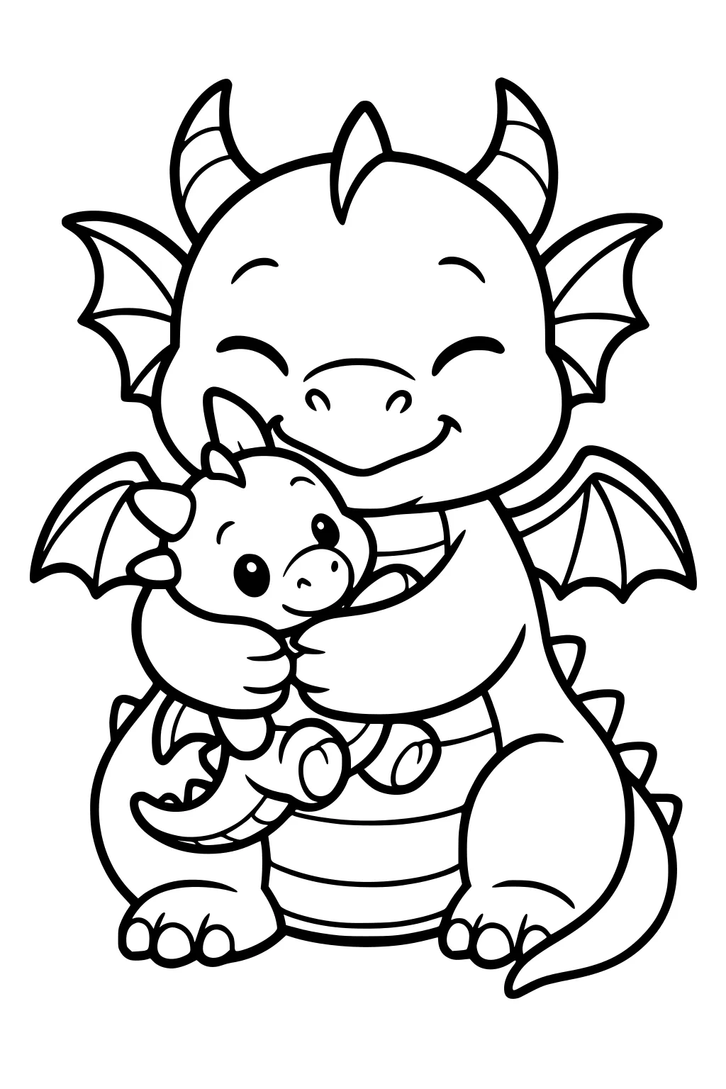 Smiling parent dragon hugs a baby dragon with tiny wings, curved horns, striped belly, and round toes on a plain white background.