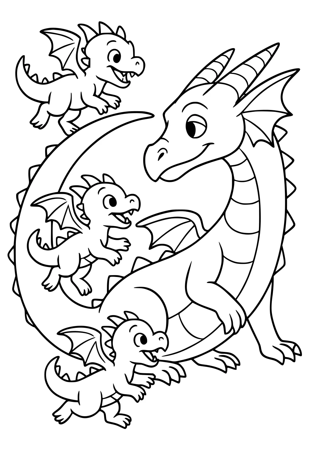Mother dragon with curled tail and three playful baby dragons running and flapping around her, smiling, with small wings and spikes.