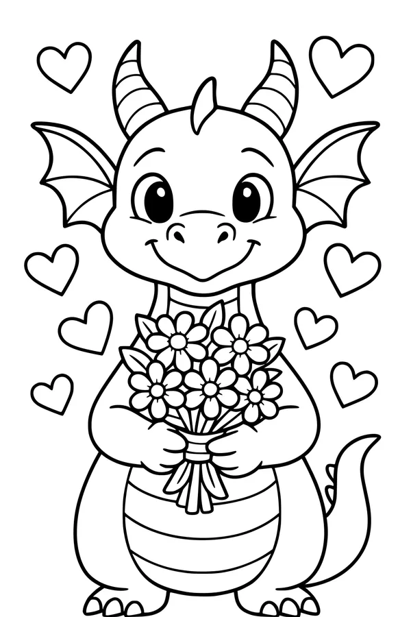Free Baby Dragon Coloring Page - Cute Flower Gift Scene (Printable PDF)