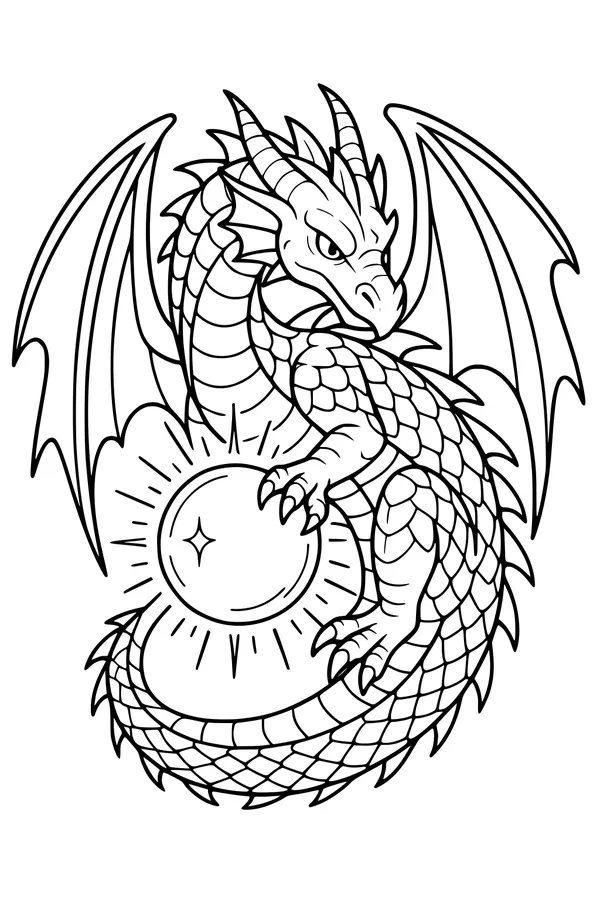 Free Dragon Coloring Page - Coiled Guardian With Magic Orb (Printable PDF)