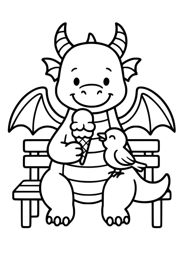 Free Dragon Coloring Page - Baby Dragon Sharing Ice Cream With Bird (Printable PDF)