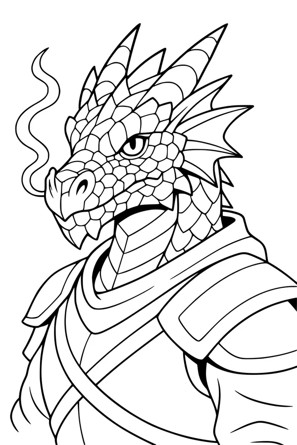 Free Dragon Knight Coloring Page - Smoky Armored Portrait (Printable PDF)
