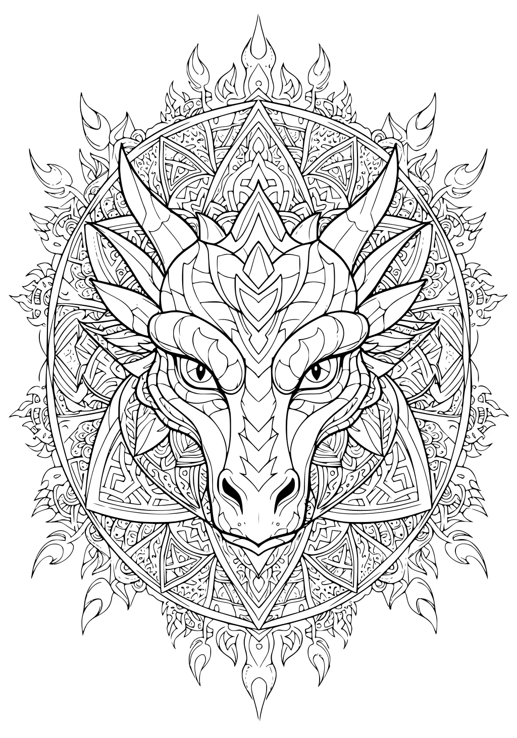 Detailed dragon head inside a circular mandala with horns, scales, and flame patterns outlined for coloring.