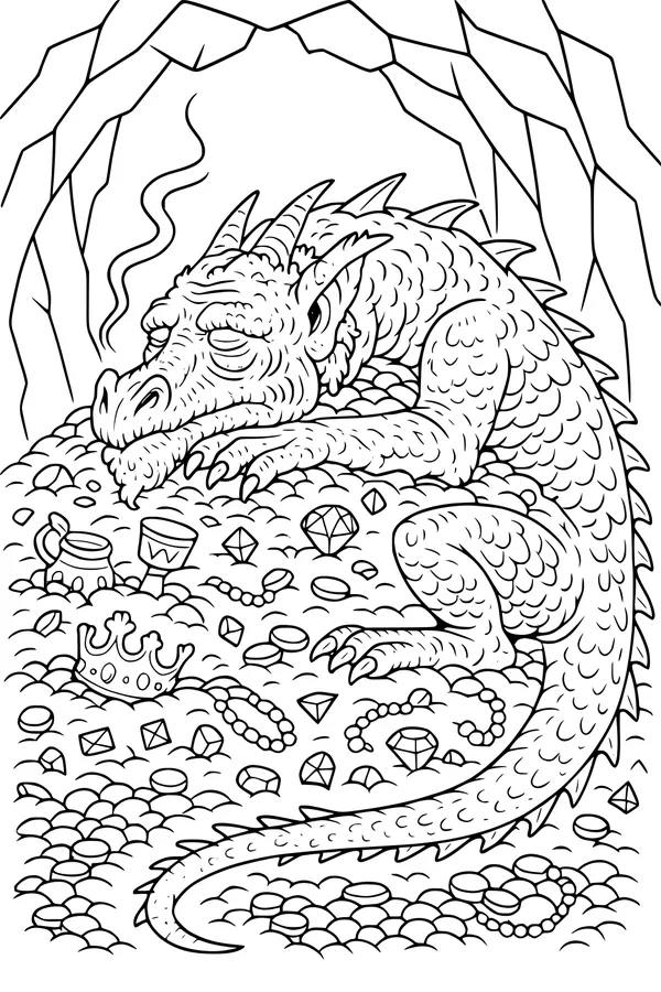 Free Dragon Coloring Page - Sleeping On Glittering Treasure Hoard (Printable PDF)