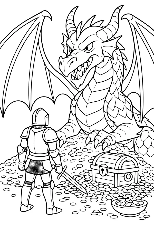Free Dragon Coloring Page - Knight Facing Treasure Guardian (Printable PDF)