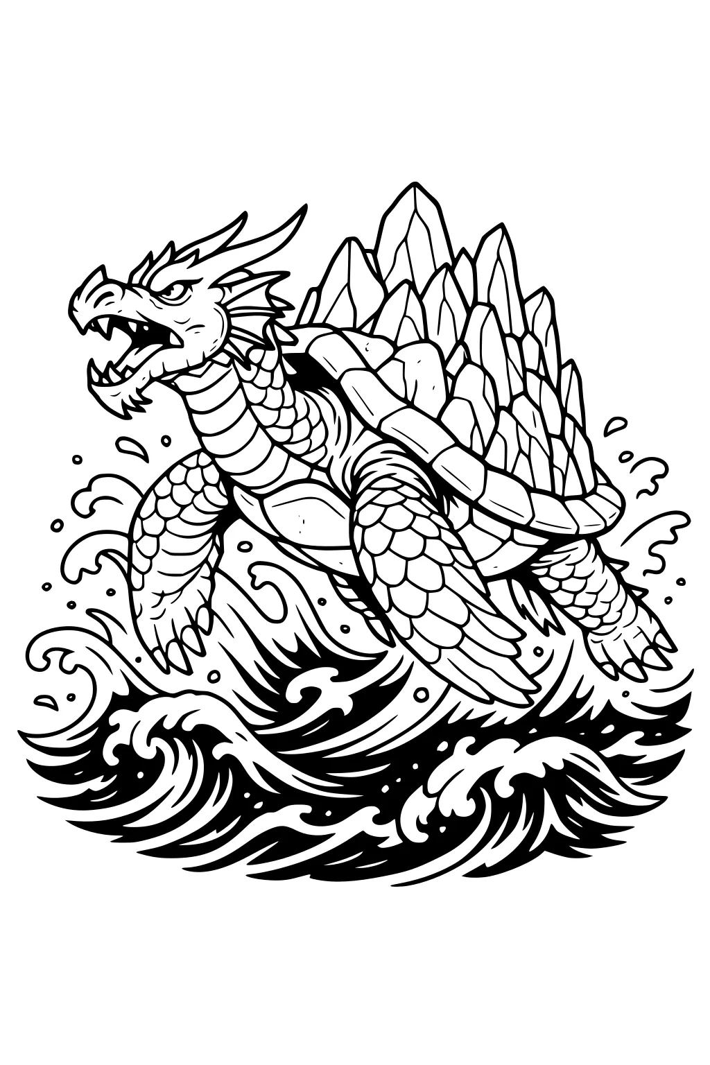 Dragon-turtle sea monster with rocky spiked shell roaring in crashing waves, detailed scales and claws, surrounded by foamy water lines.