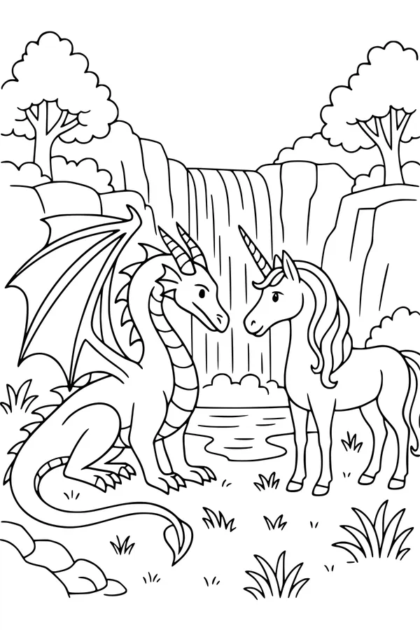 Free Dragon and Unicorn Coloring Page - Enchanted Waterfall Forest (Printable PDF)
