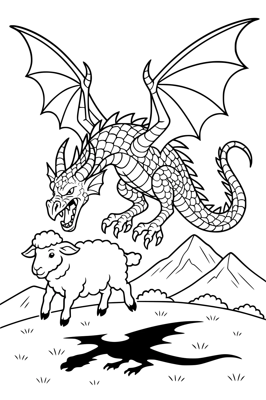 Scaly winged dragon swoops above a lamb on a grassy hill, mountains behind, with the dragon's shadow stretching across the ground.