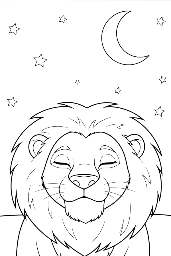 Free Lion Coloring Page - Sleepy Lion Under Starry Night Sky (Printable PDF)