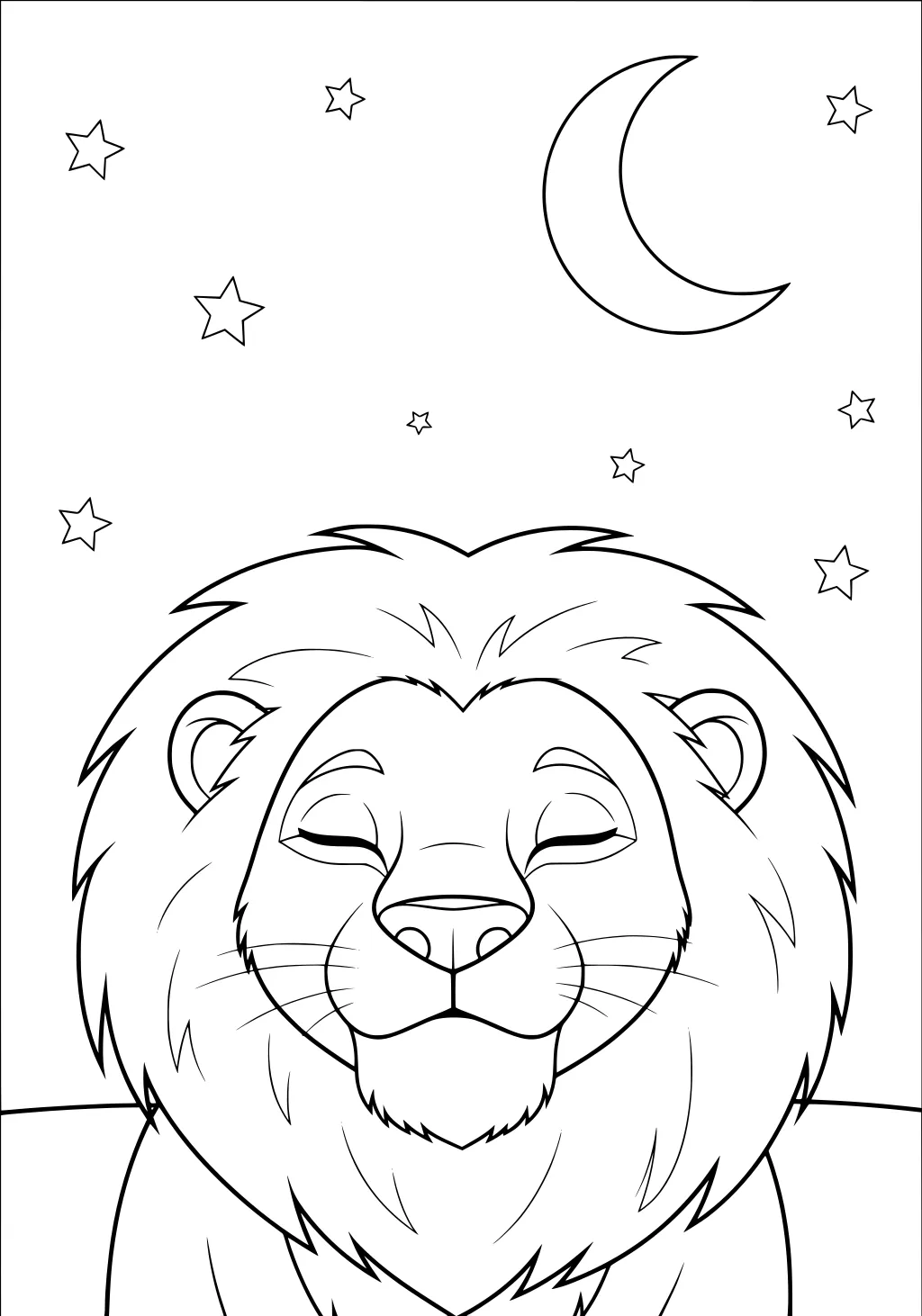 Cartoon lion with closed eyes sitting under a crescent moon and several stars in the night sky.