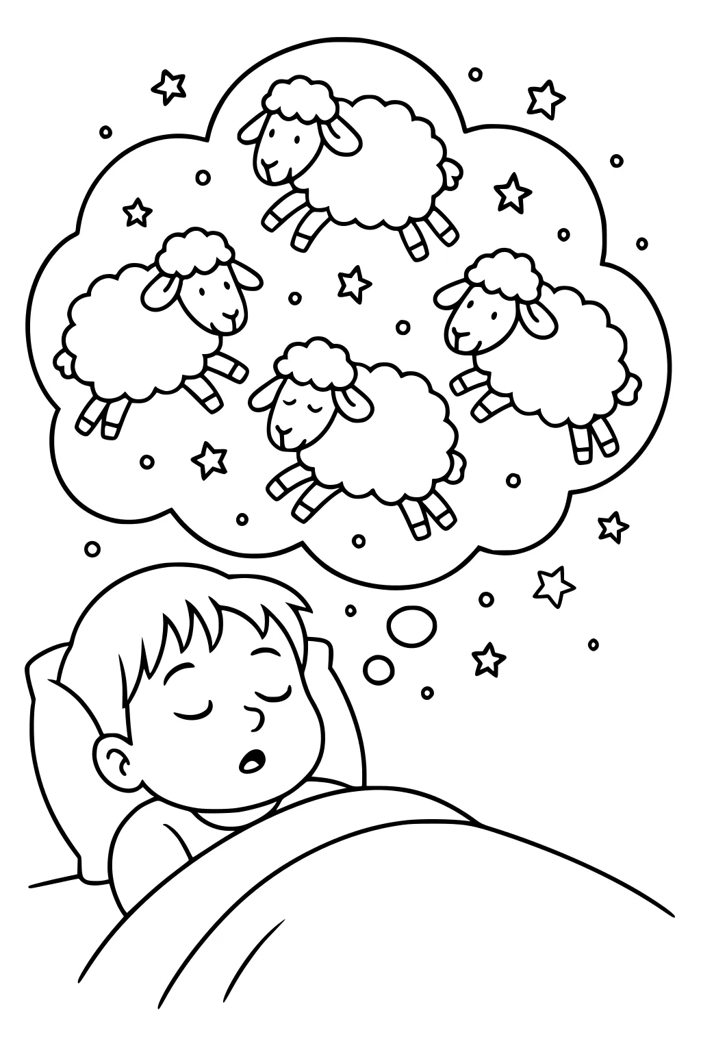 A boy sleeping in bed, dreaming of four sheep jumping inside a cloud-shaped bubble with stars in the background.