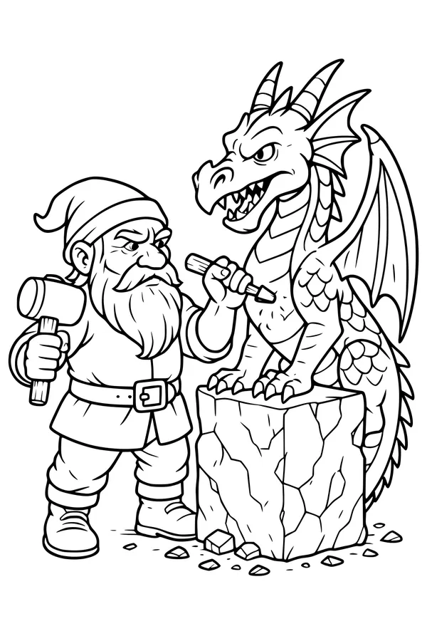 Free Dwarf and Dragon Coloring Page - Fantasy Stone Sculpting Scene (Printable PDF)