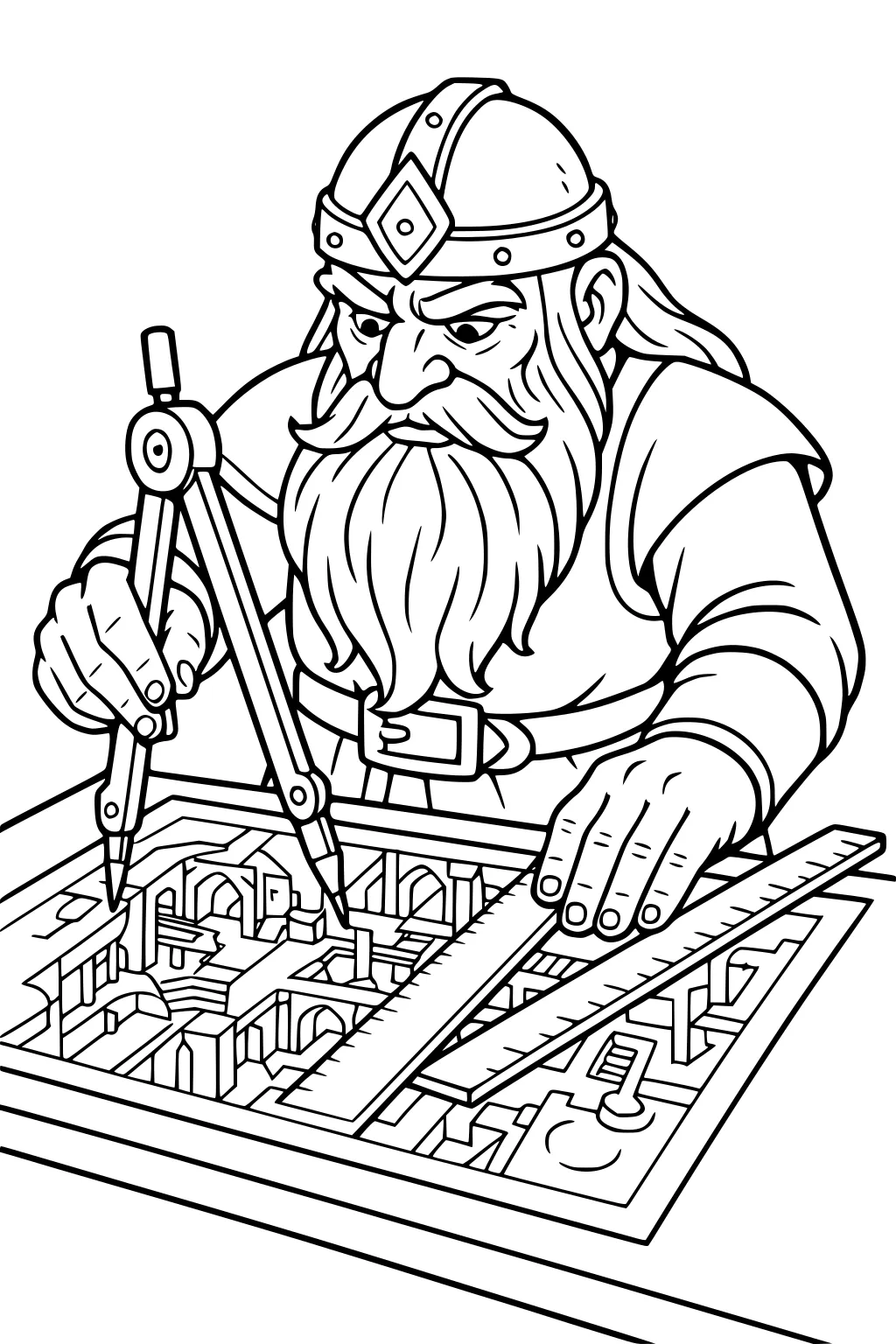 Bearded dwarf architect uses a compass and ruler to draw a detailed underground city blueprint on a workbench.